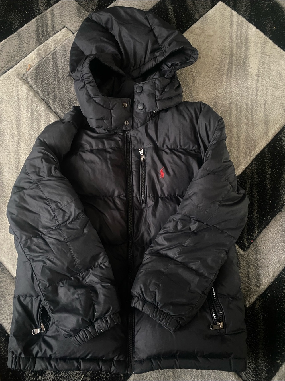 Ralph Lauren Black Hooded Puffer with Red Polo Emblem